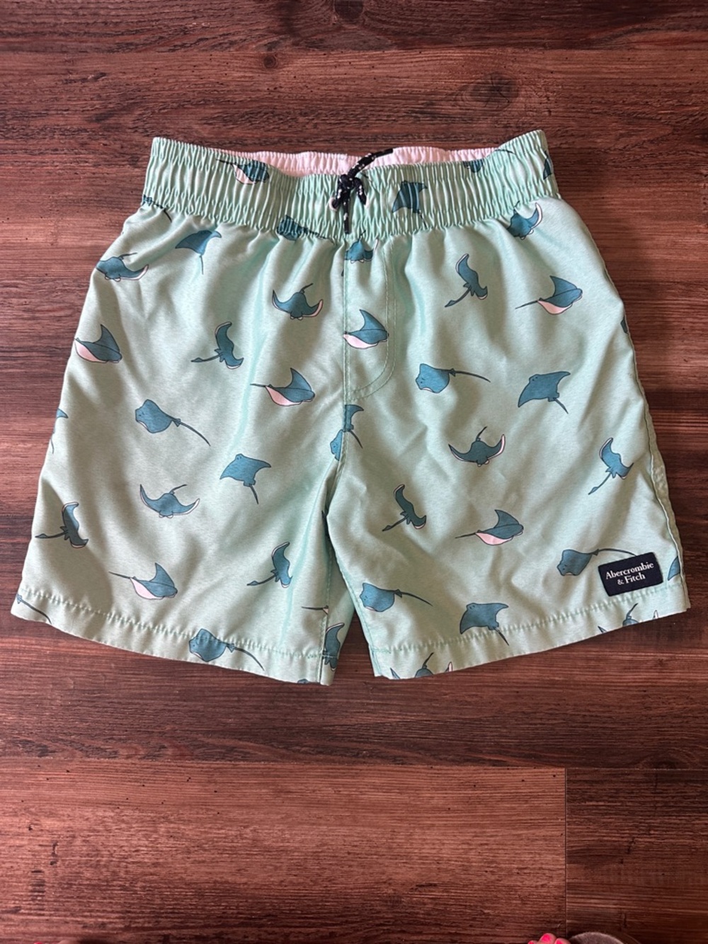 Abercrombie & Fitch Kids Mint Swim Trunks with Navy & Pink Stingray Print